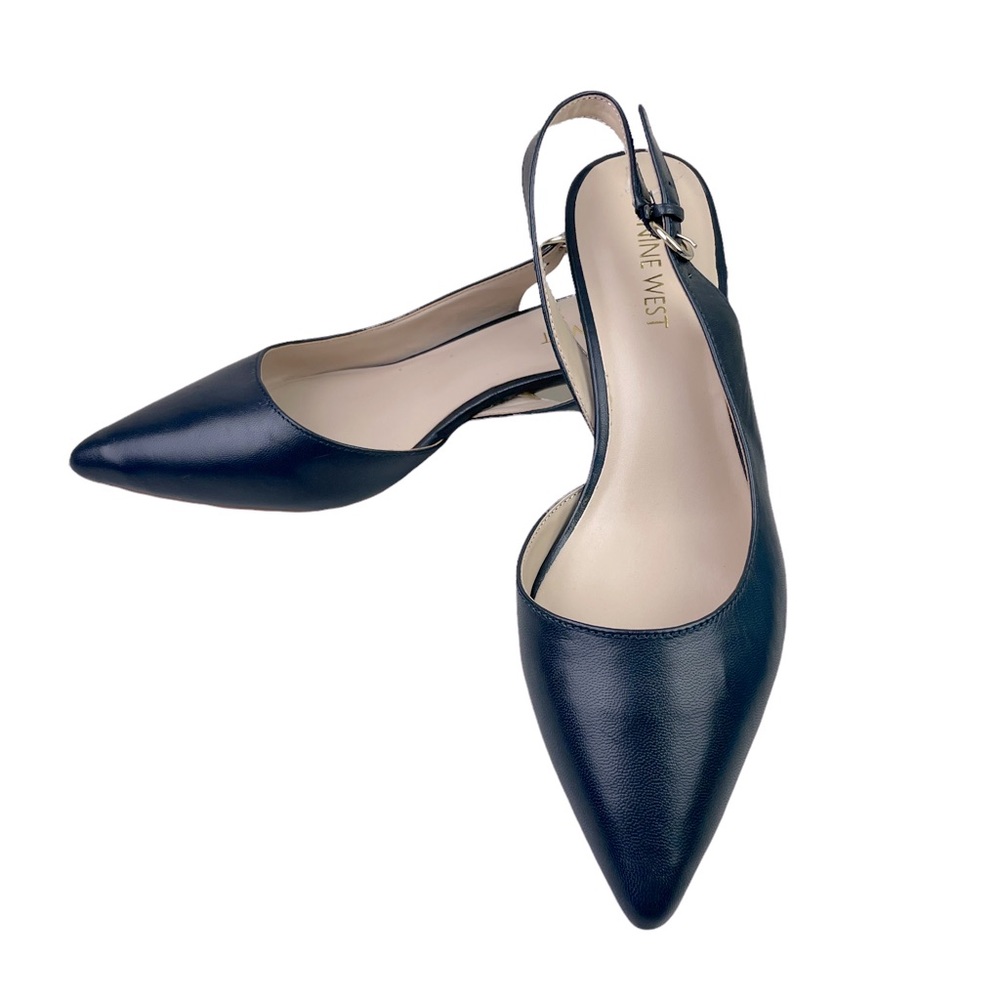 Nine West Leather Pointed Toe Sling Black Shoes Kitten Heels Navy Blue Size 7.5M